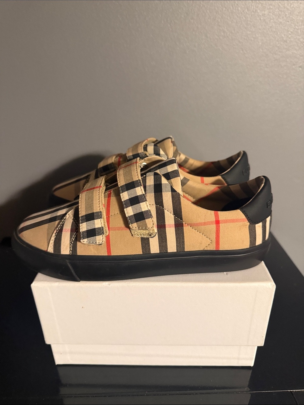 Burberry Beige Plaid Velcro Sneakers with Black Trim